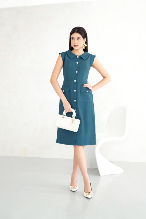 Sixdo Mallard Green Raw Flared Dress